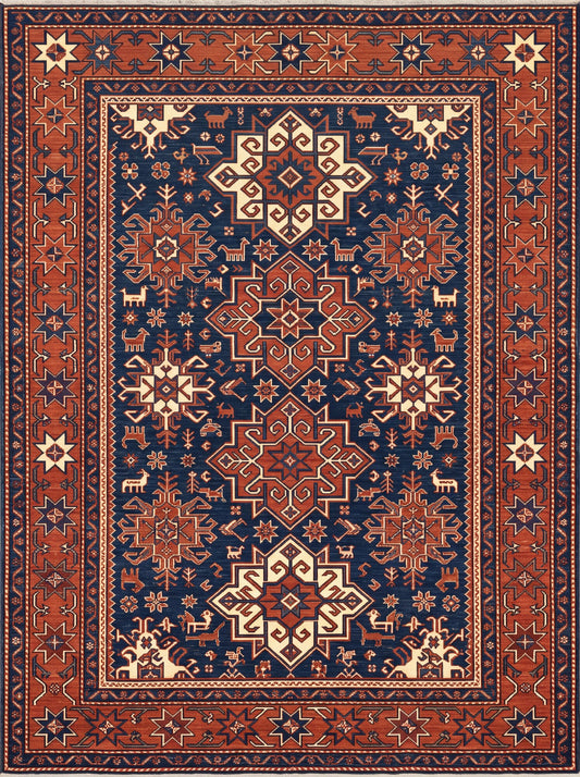 Lacivert ve Kiremit Geometrik Afgan Bambu halı deseni MS-0243