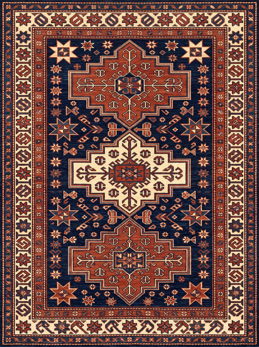 Lacivert ve Kiremit Geometrik Afgan Bambu halı deseni MS-0246