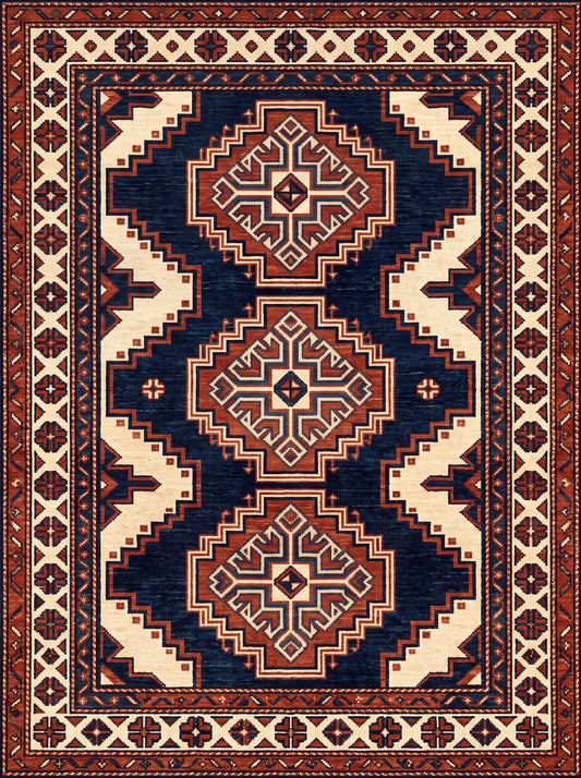 Lacivert ve Kiremit Geometrik Afgan Bambu halı deseni MS-0249