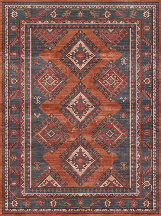 Lacivert ve Kiremit Geometrik Uşak Bambu halı deseni MS-0092