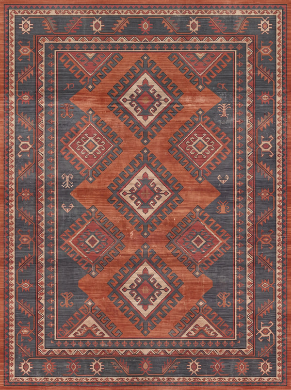 Lacivert ve Kiremit Basamaklı Madalyonlu Uşak Desenli Bambu Halı MS-0092