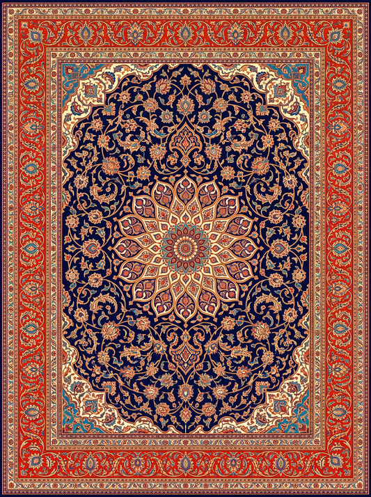 Lacivert ve Kiremit Madalyonlu Hereke Bambu halı deseni MS-0013
