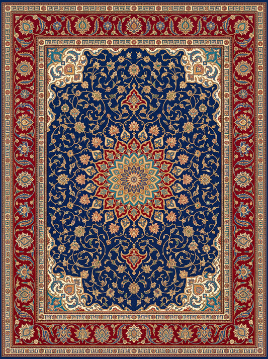 Lacivert ve Kırmızı Madalyonlu Hereke Bambu halı deseni MS-0001