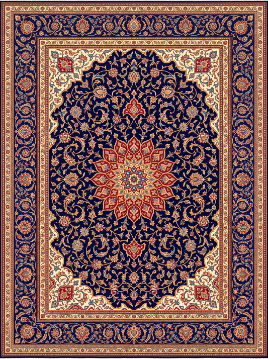 Lacivert ve Kırmızı Madalyonlu Hereke Bambu halı deseni MS-0005