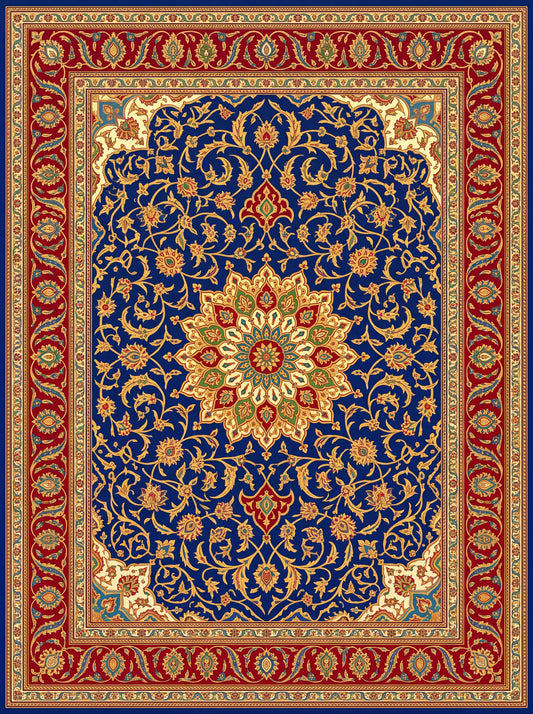 Lacivert ve Kırmızı Madalyonlu Hereke Bambu halı deseni MS-0007