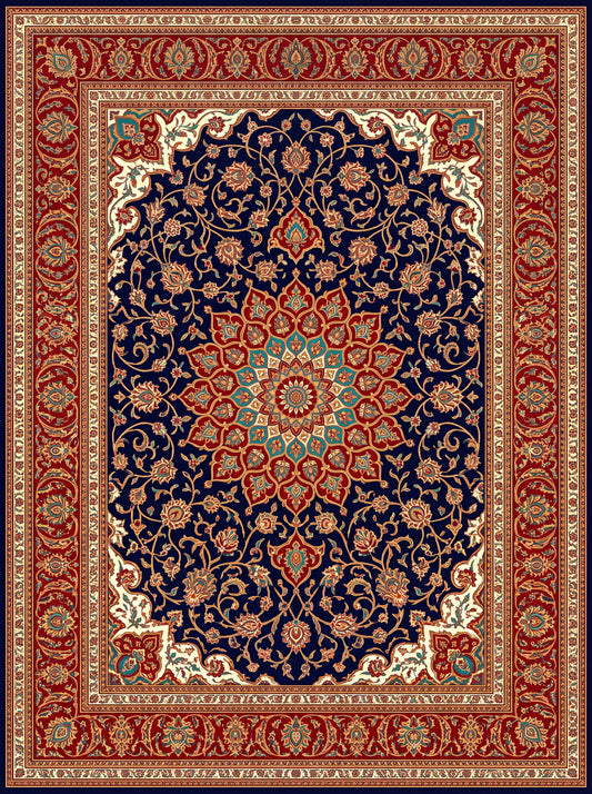 Lacivert ve Kırmızı Madalyonlu Hereke Bambu halı deseni MS-0009