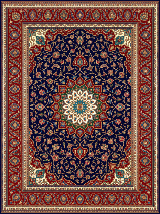 Lacivert ve Kırmızı Madalyonlu Hereke Bambu halı deseni MS-0025