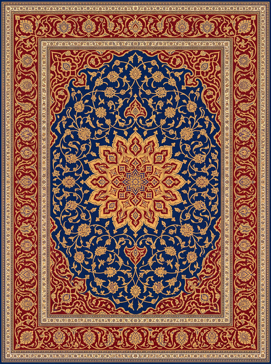 Lacivert ve Kırmızı Madalyonlu Hereke Bambu halı deseni MS-0027