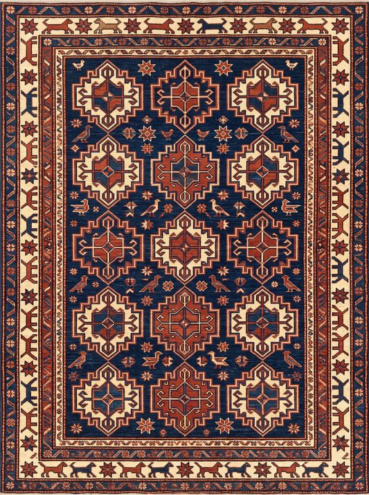 Lacivert ve Krem Geometrik Afgan Bambu halı deseni MS-0237