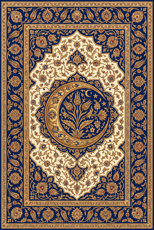 Lacivert ve Krem Motifli Hilal ve Lale Klasik Bambu halı deseni MS-0258