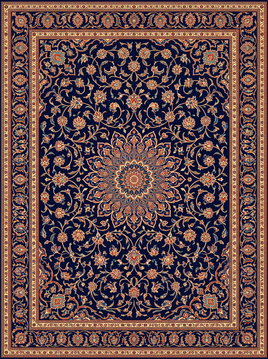 Lacivert ve Krem Madalyonlu Hereke Bambu halı deseni MS-0017