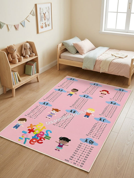 Pembe çarpım tablosu desenli şönil halı çocuk odasında