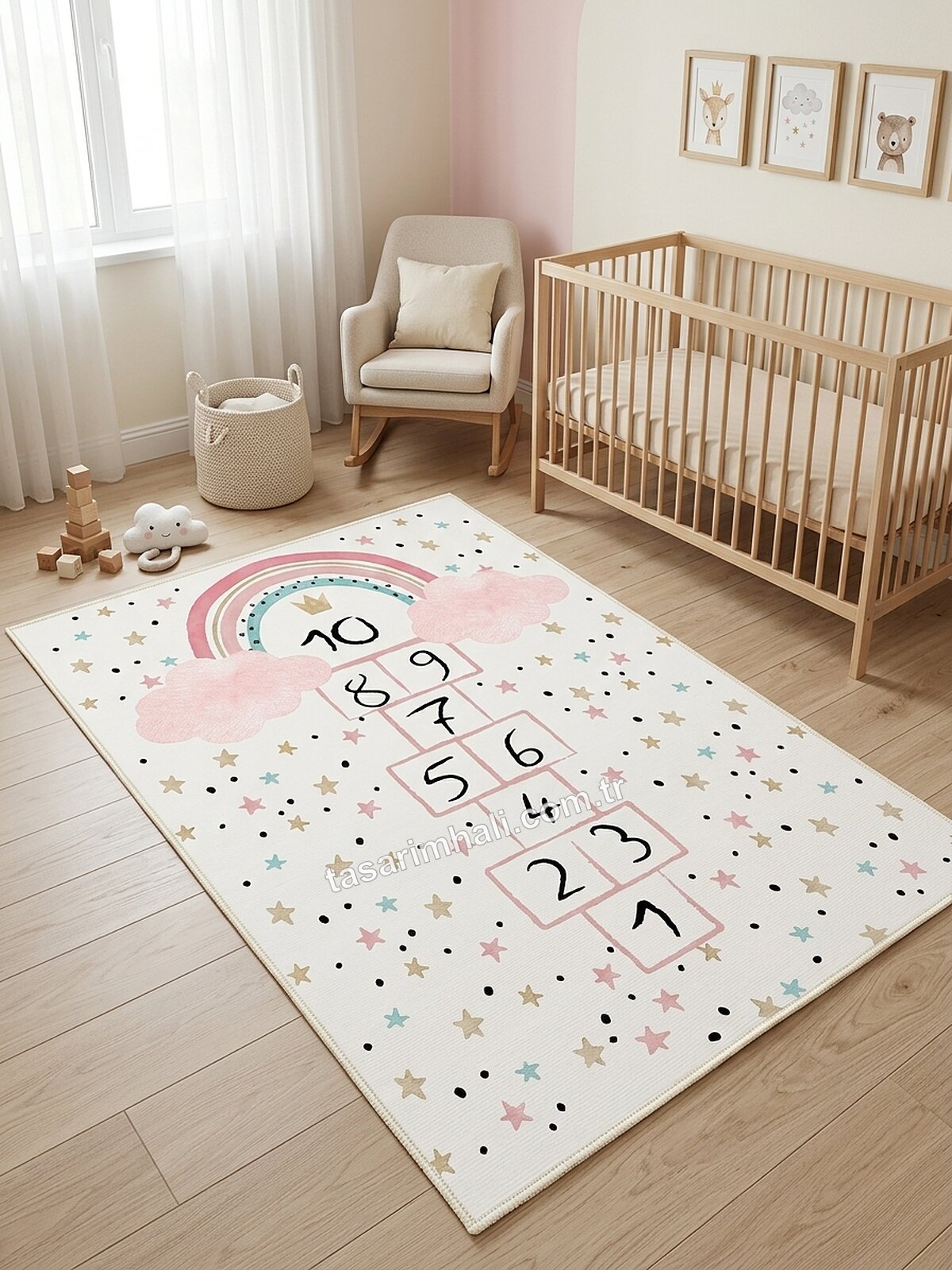 Gökkuşağı sek sek desenli bebek odası halısı