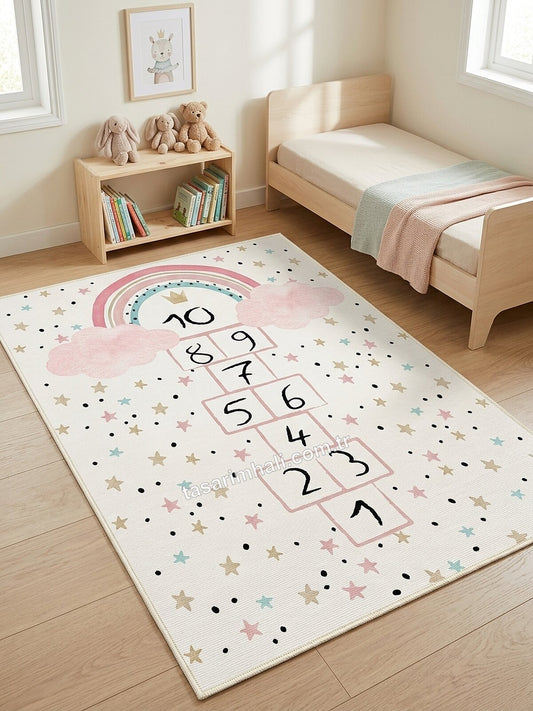 Pembe gökkuşağı sek sek desenli şönil halı çocuk odasında