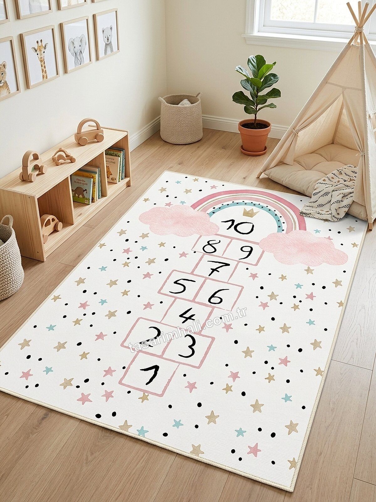 Pembe gökkuşağı sek sek desenli oyun halısı