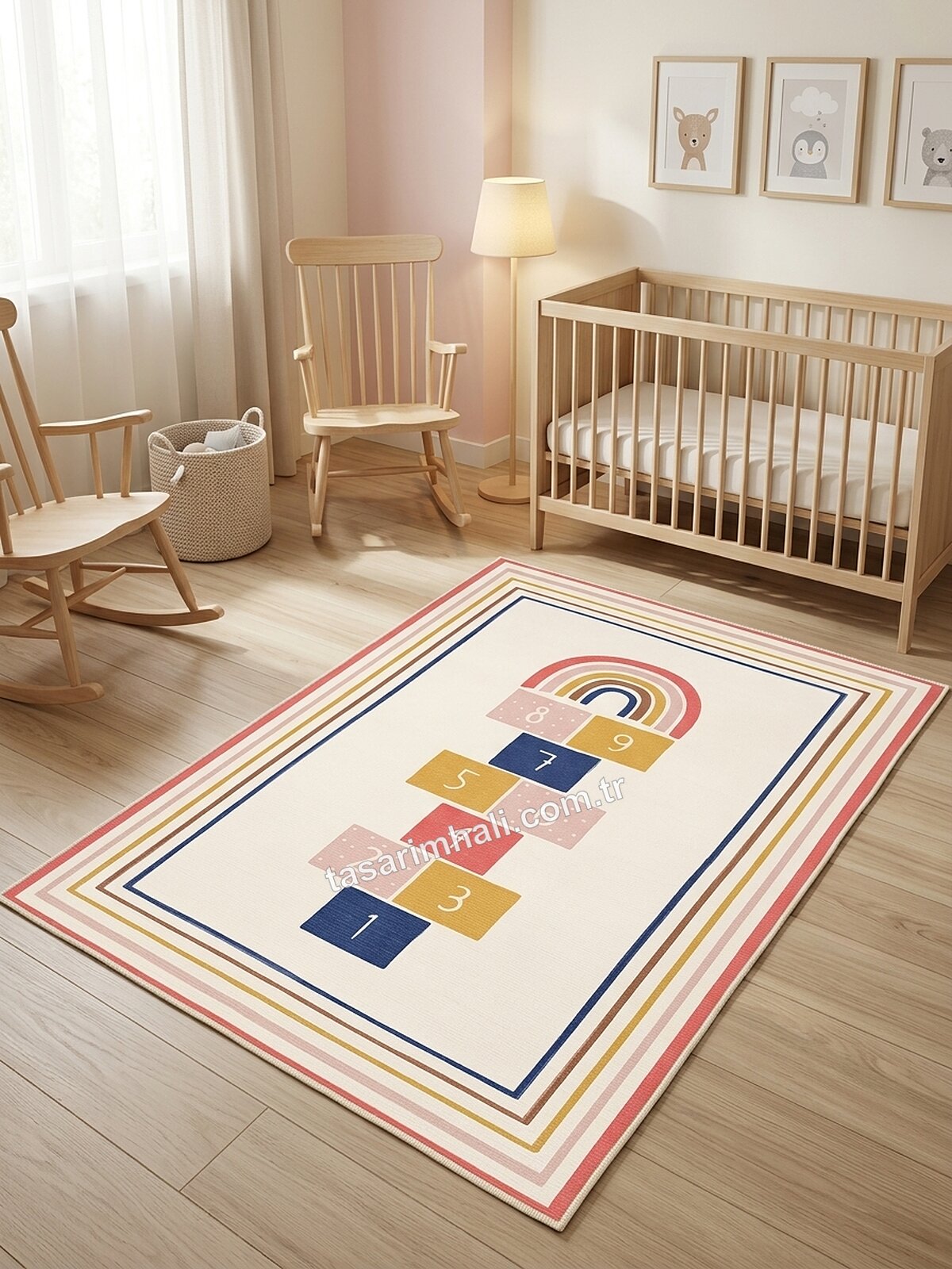 Krem gökkuşağı sek sek desenli bebek odası halısı