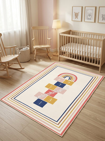 Krem gökkuşağı sek sek desenli bebek odası halısı