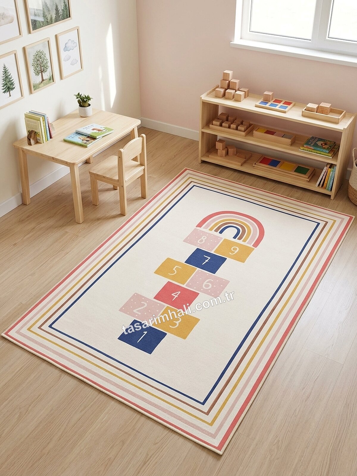 Montessori çalışma halısı krem gökkuşağı sek sek desenli