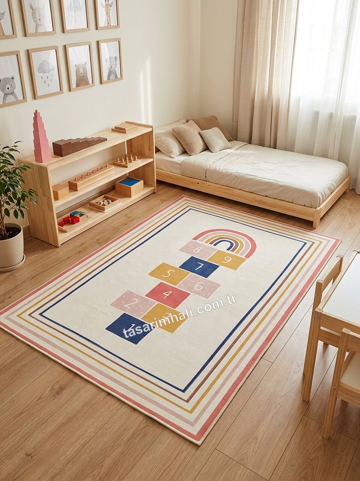 Montessori çocuk halısı krem gökkuşağı sek sek desenli