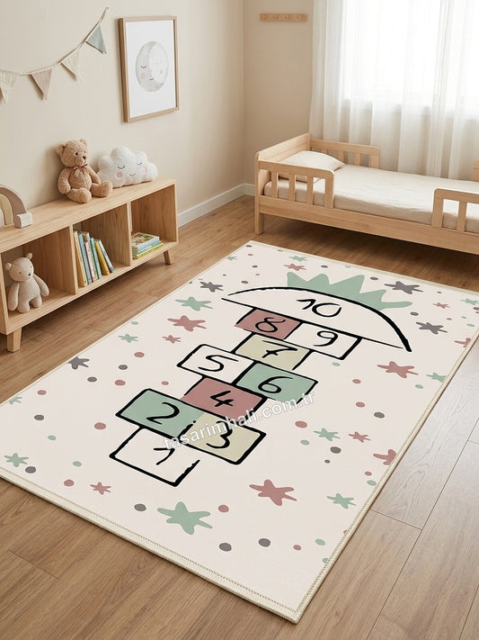 Krem minimal gökkuşağı sek sek desenli şönil halı çocuk odasında