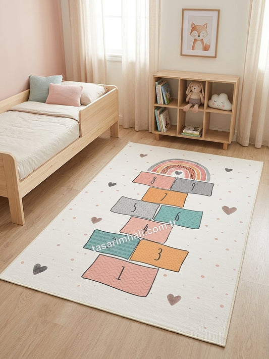 Pastel gökkuşağı sek sek desenli şönil halı çocuk odasında