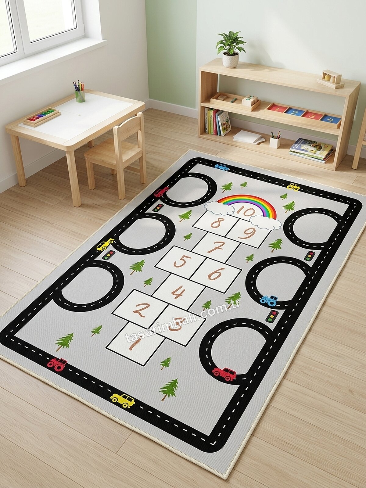 Montessori çalışma halısı gri asfalt yol ve gökkuşağı sek sek desenli