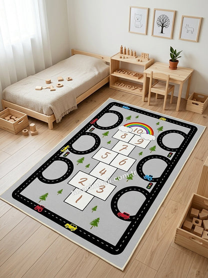 Montessori çocuk halısı gri asfalt yol ve gökkuşağı sek sek desenli