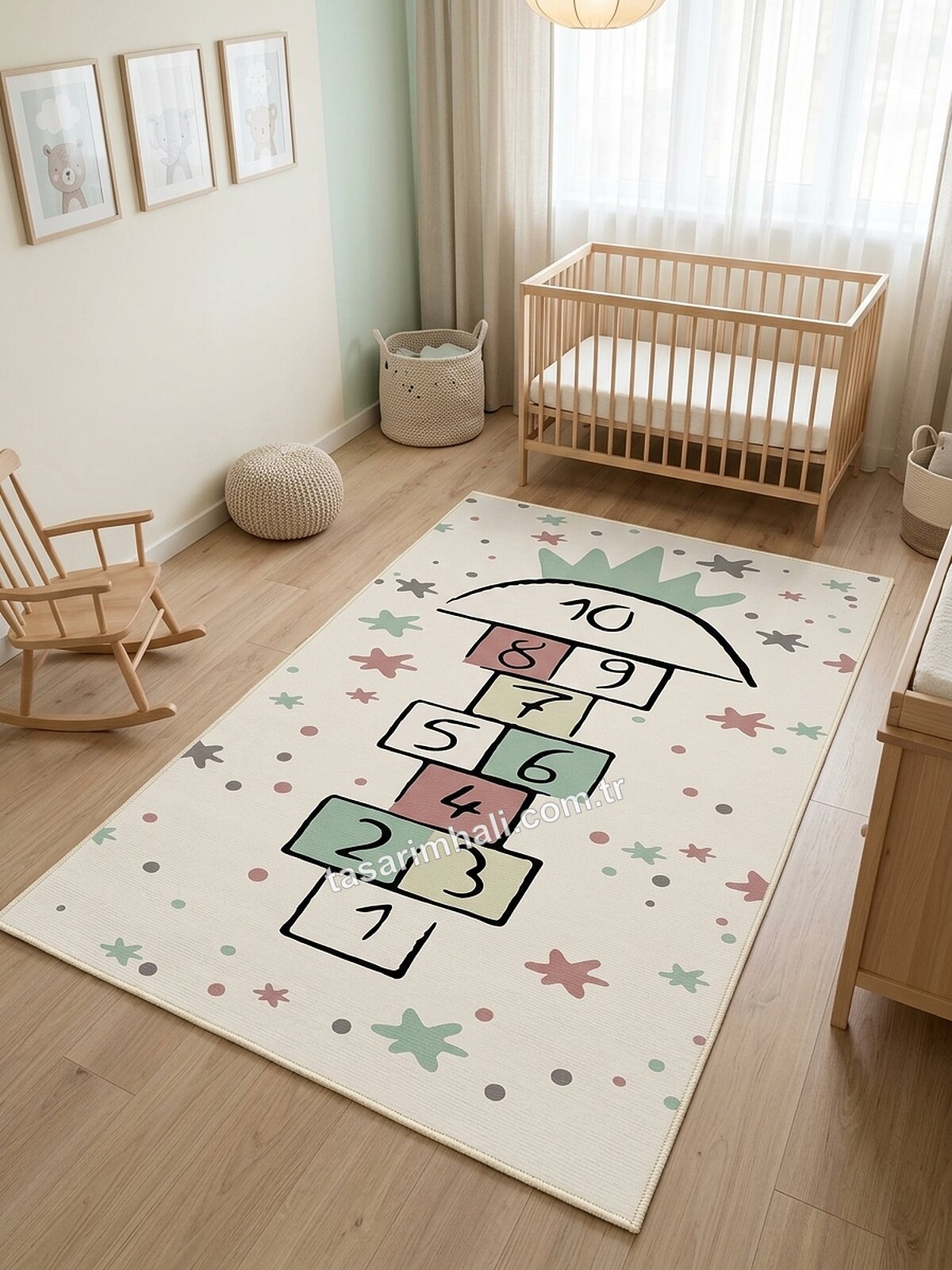 Krem yıldızlı sek sek desenli bebek odası halısı