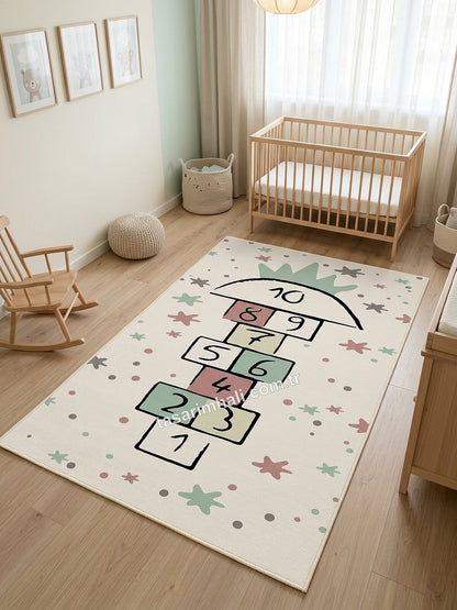 Krem yıldızlı sek sek desenli bebek odası halısı