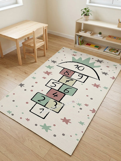 Montessori çalışma halısı krem yıldızlı sek sek desenli
