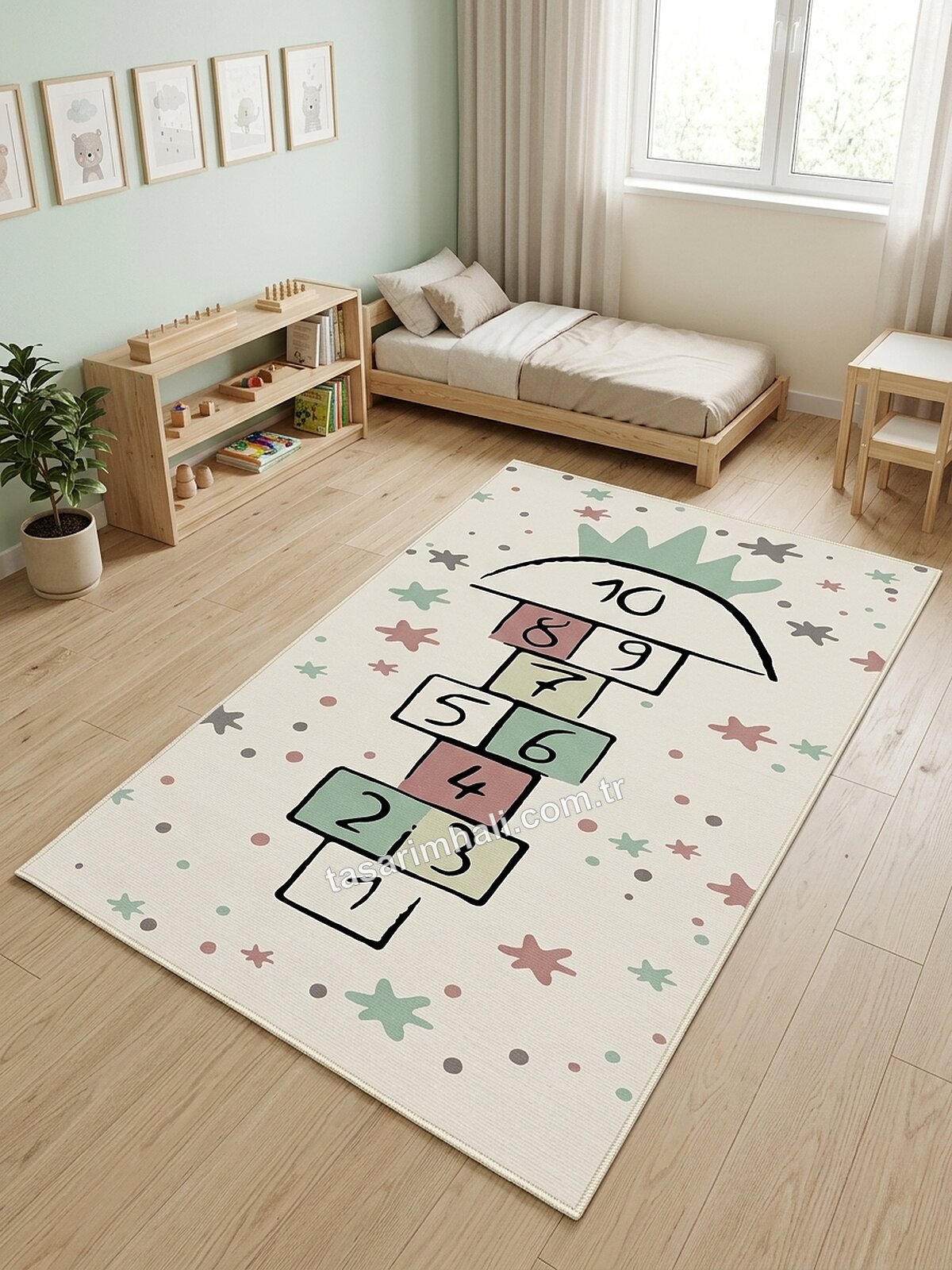 Montessori çocuk halısı krem yıldızlı sek sek desenli