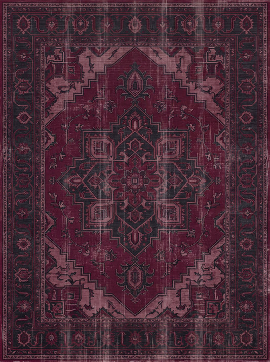 Mürdüm ve Antrasit Madalyonlu Vintage Bambu halı deseni MS-0170