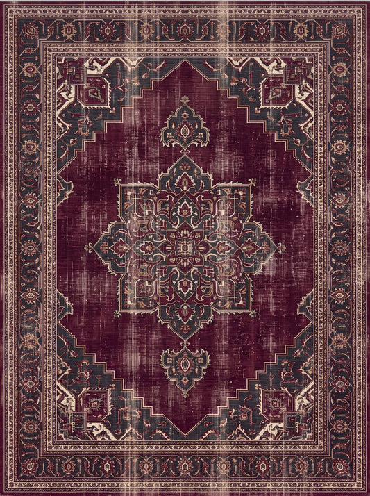 Mürdüm ve Antrasit Madalyonlu Vintage Bambu halı deseni MS-0219