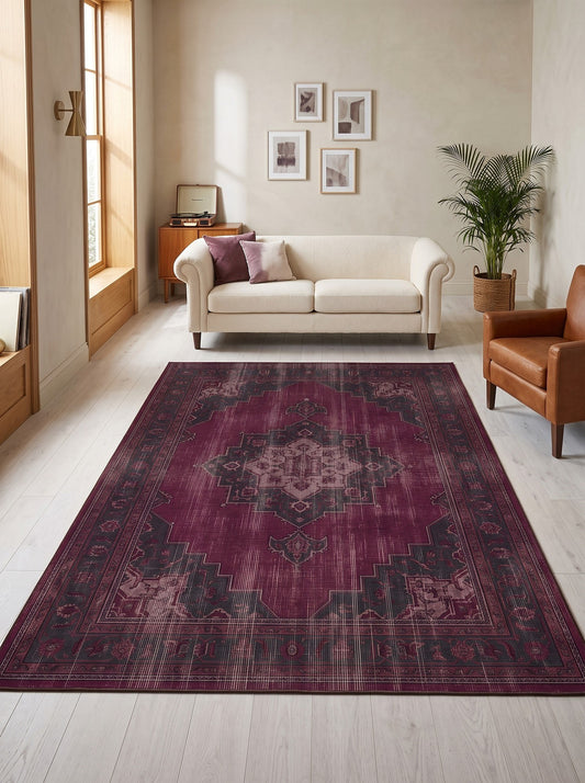 büyük salon halısı Mürdüm ve Bordo Madalyonlu Vintage Bambu