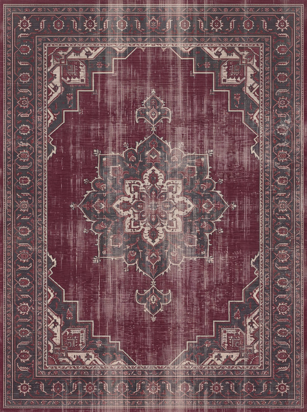 Mürdüm ve Krem Heriz Madalyonlu Vintage Şönil Halı TH-017