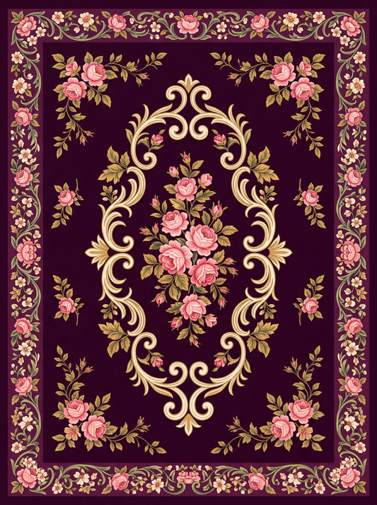 Mürdüm ve Pembe Güllü Barok Bambu halı deseni MS-0033