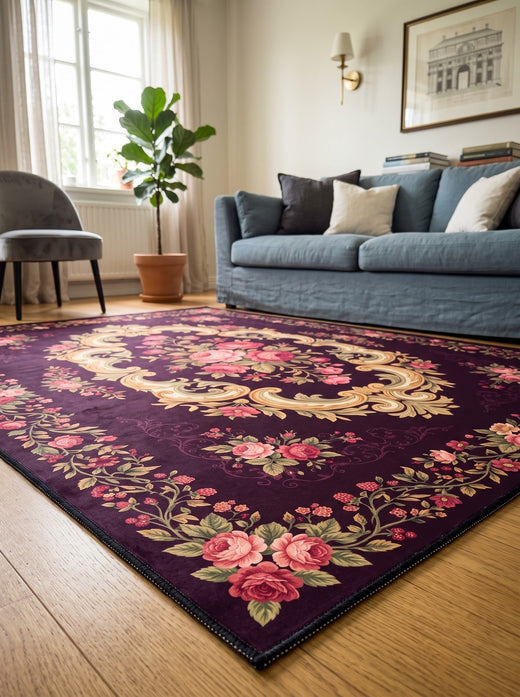 Mürdüm ve Pembe Gül Buketli Barok Bambu Halı MS-0037 doku detayı