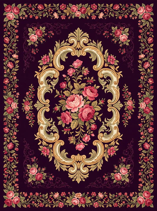Mürdüm ve Pembe Güllü Barok Bambu halı deseni MS-0037