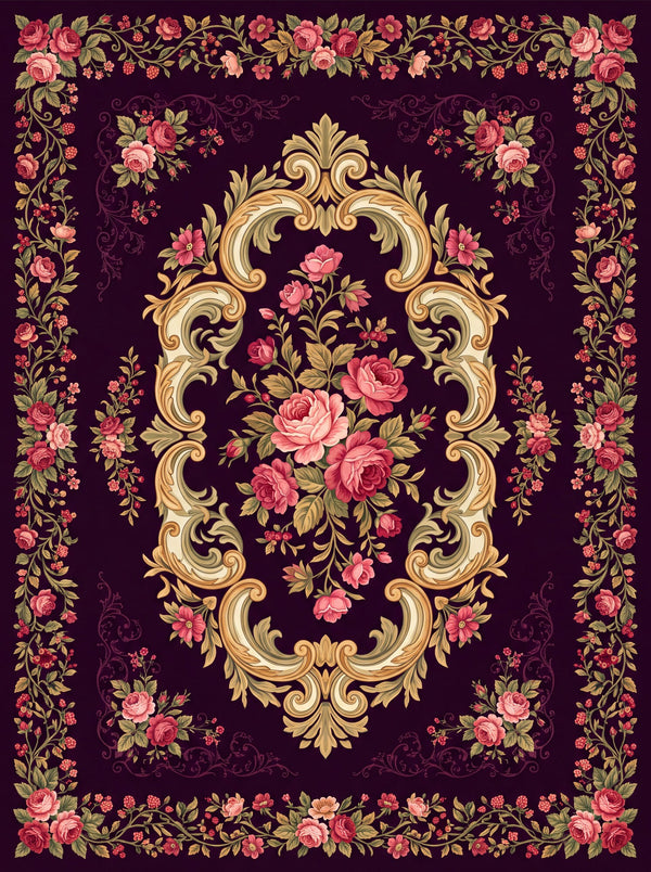 Mürdüm ve Pembe Gül Buketli Barok Bambu Halı MS-0037