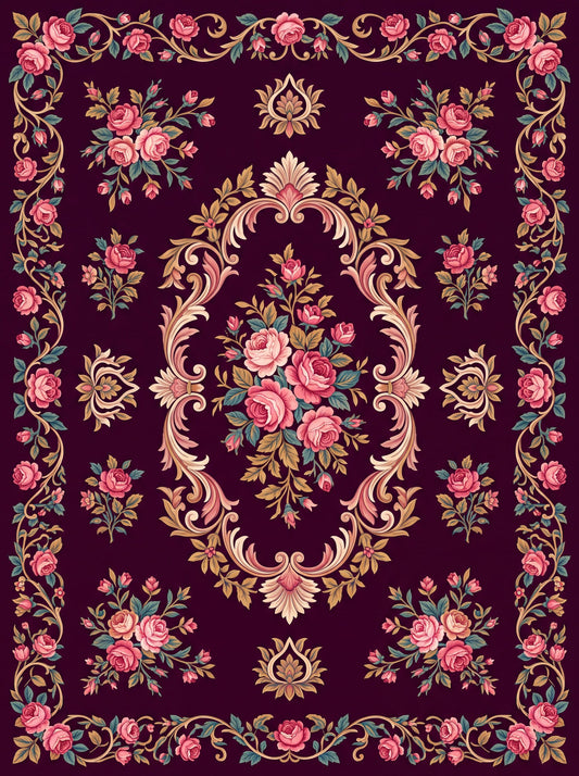 Mürdüm ve Pembe Güllü Barok Bambu halı deseni MS-0041