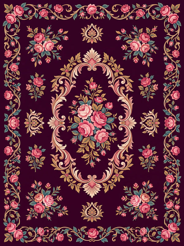 Mürdüm ve Pembe Saray Güllü Barok Bambu Halı MS-0041