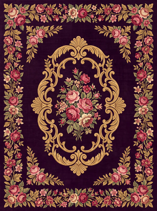 Mürdüm ve Pembe Güllü Barok Bambu halı deseni MS-0045