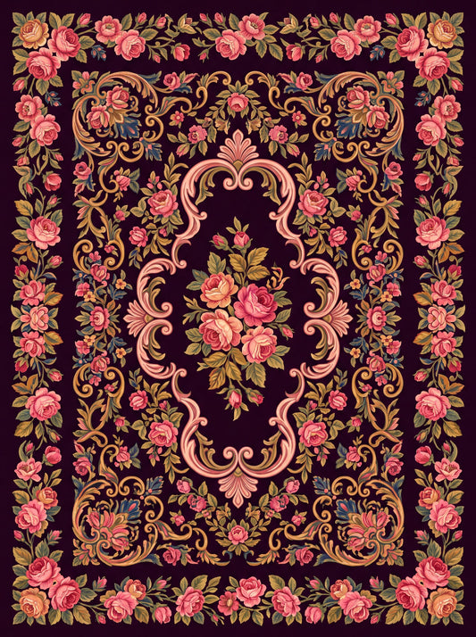 Mürdüm ve Pembe Güllü Barok Bambu halı deseni MS-0049