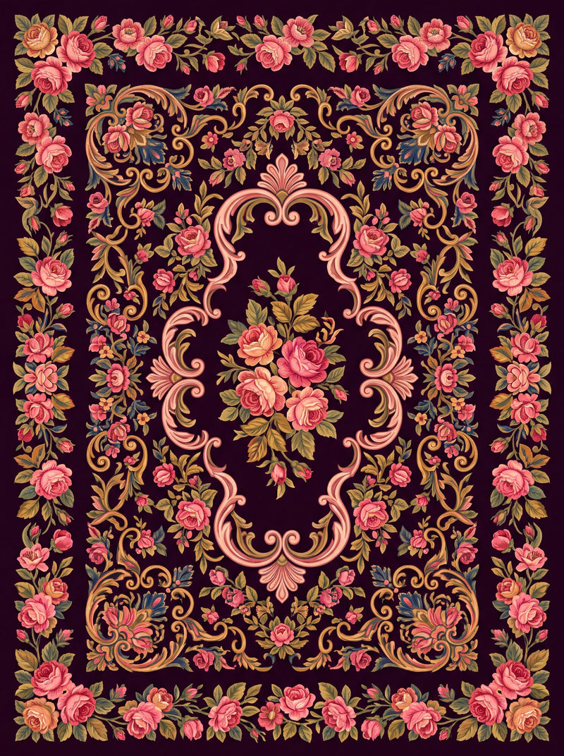 Mürdüm ve Pembe Gül Bahçeli Barok Bambu Halı MS-0049