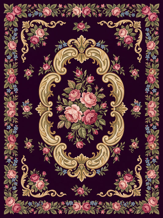 Mürdüm ve Pembe Güllü Barok Bambu halı deseni MS-0053