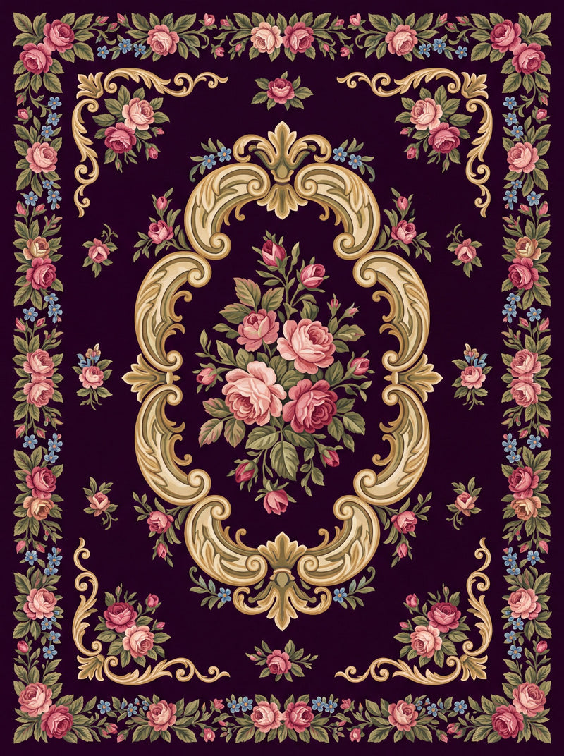 Mürdüm ve Pembe Krem Çerçeveli Güllü Barok Bambu Halı MS-0053