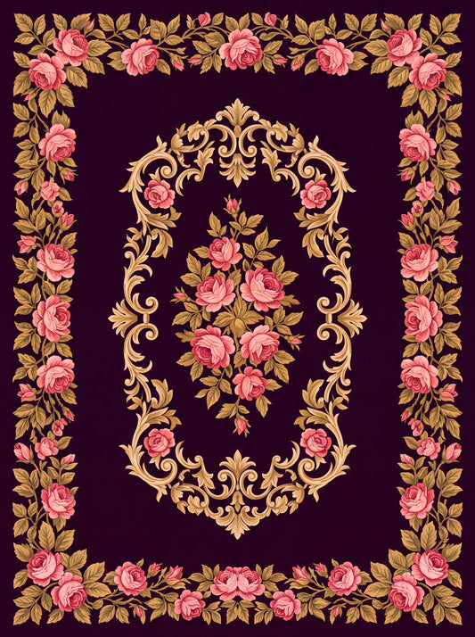 Mürdüm ve Pembe Güllü Barok Bambu halı deseni MS-0057