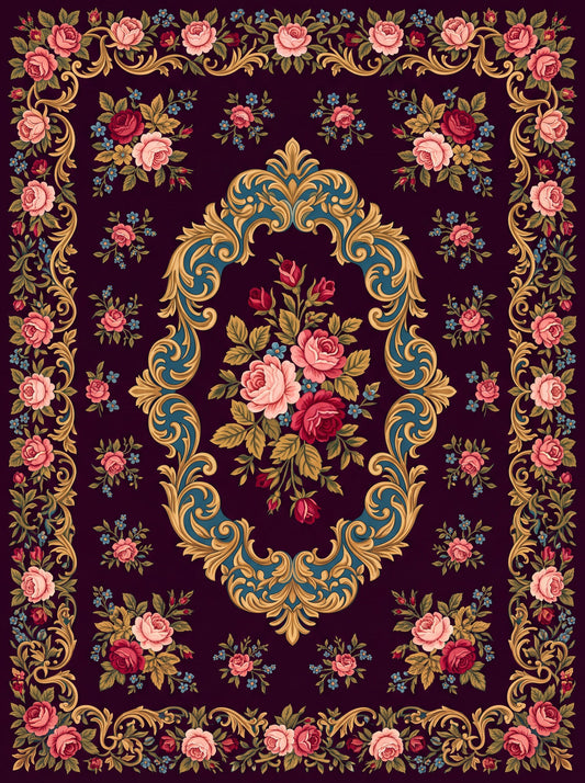 Mürdüm ve Pembe Güllü Barok Bambu halı deseni MS-0065