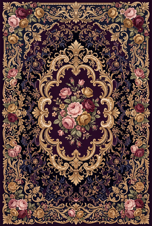 Mürdüm ve Pembe Güllü Barok Bambu halı deseni MS-0068