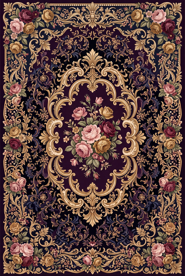 Mürdüm ve Pembe Altın Güllü Rokoko Bambu Halı MS-0068